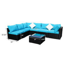 Load image into Gallery viewer, Outdoor Patio Furniture Rattan Wicker Sofa Sets w/Blue cushions and White Pillows
