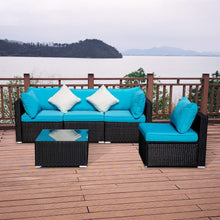 Load image into Gallery viewer, Outdoor Patio Furniture Rattan Wicker Sofa Sets w/Blue cushions and White Pillows
