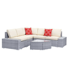 Load image into Gallery viewer, 6-Pieces Outdoor Patio Furniture-Patio Rattan Gray Wicker Sectional Sofa Sets with Red Striped Pillows, Beige Cushions
