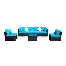 Load image into Gallery viewer, Outdoor Patio Furniture Rattan Wicker Sofa Sets w/Blue cushions and White Pillows
