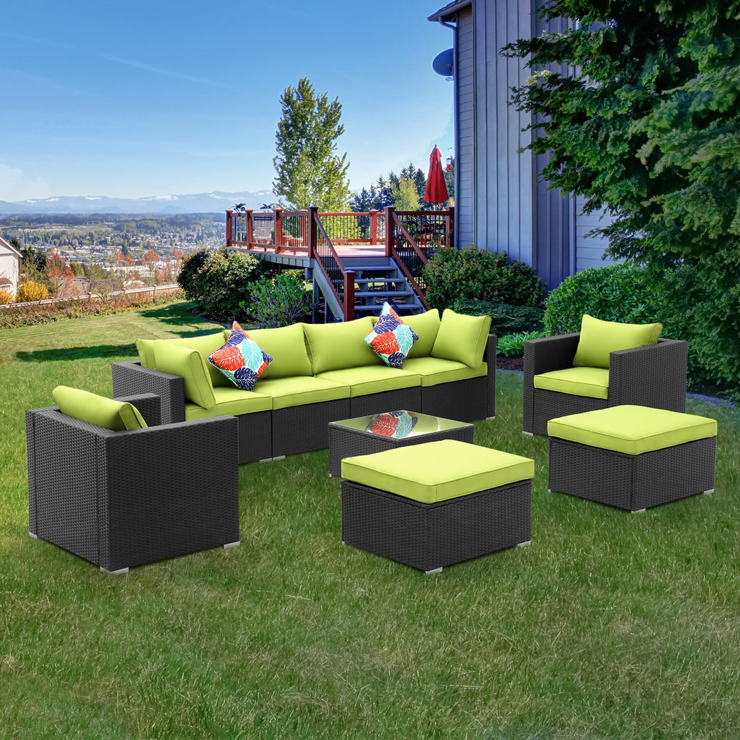 9 Pieces Outdoor Patio Furniture Sofa Set Wicker Sectional Rattan Conversation Set with Glass Table and Ottoman