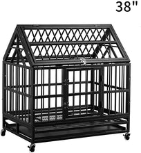 Load image into Gallery viewer, 38&quot; and 42” Heavy-Duty Dog Pets Kennel Cage Crate Double Door w/Lockable Wheels Steeple Square Tube Dog Crate Safe Metal Tray
