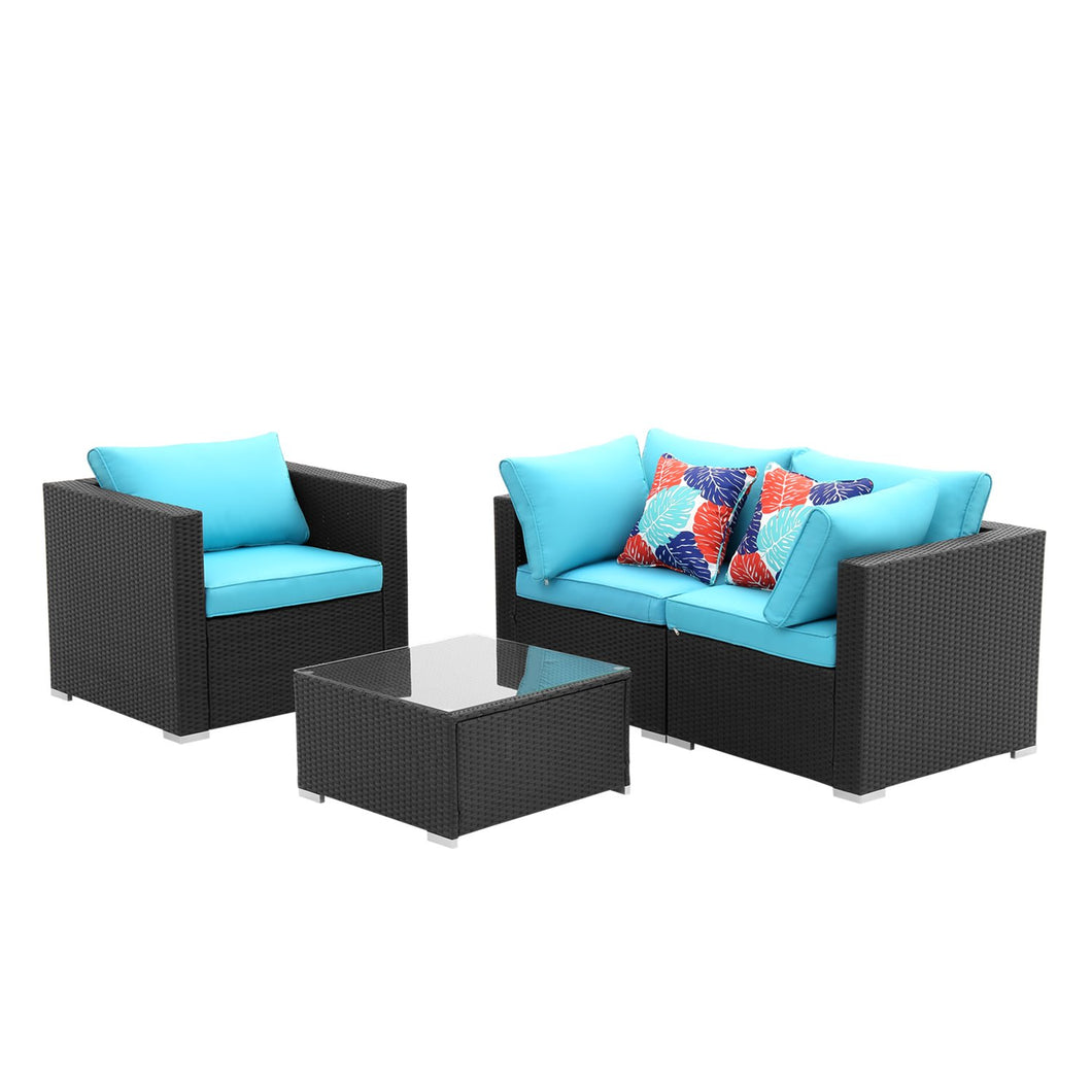 4 Pieces Outdoor Patio Furniture Sofa Set Wicker Sectional Rattan Conversation Set with Cushion and Glass Table